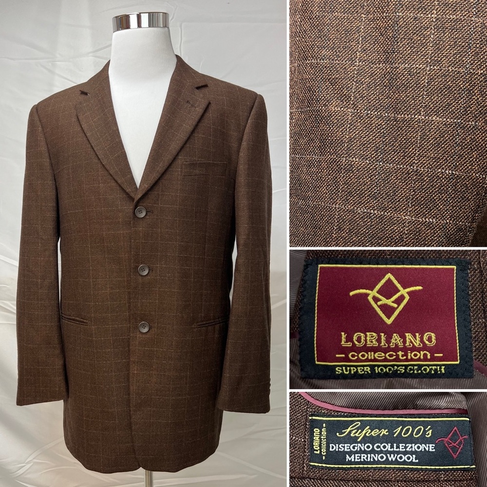 Men's Loriano Collection Brown Plaid Merino Wool 3-Button 44L Blazer Jacket Coat